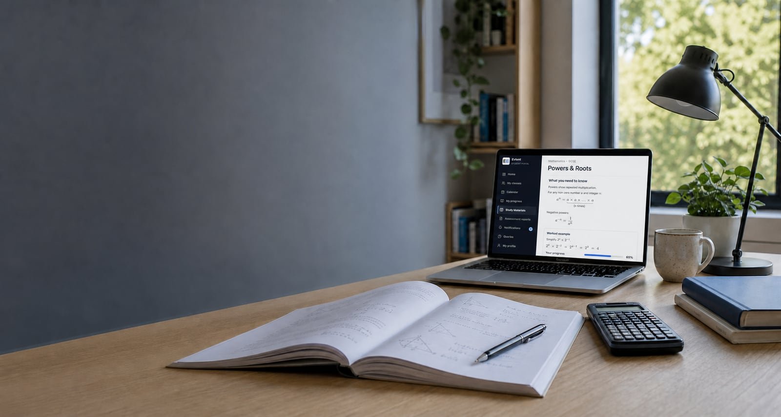 An online tutoring workspace with Evlent study materials open on a laptop