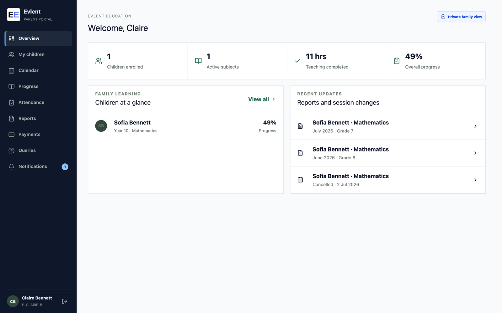 Evlent parent portal showing family learning progress and recent updates